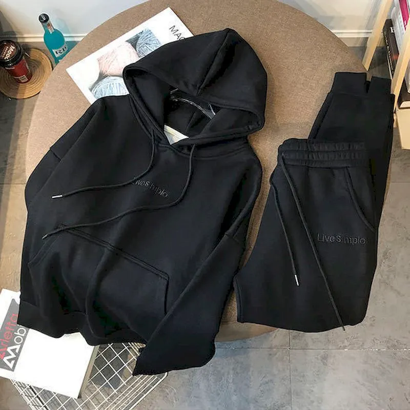 Autumn and winter new suit thickened plus velvet pullover hooded  women's suit sports and leisure two-piece trousers and leisure