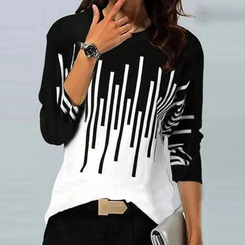 Brownm Loose Color Printed Round Neck Long Sleeve T-shirt