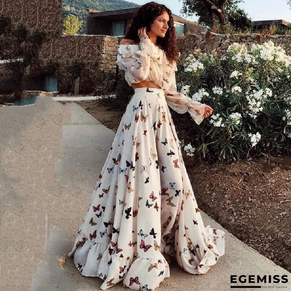 Butterfly Print Two Piece Set Large Skirt Long Skirt Beach Dress White Dresses | EGEMISS