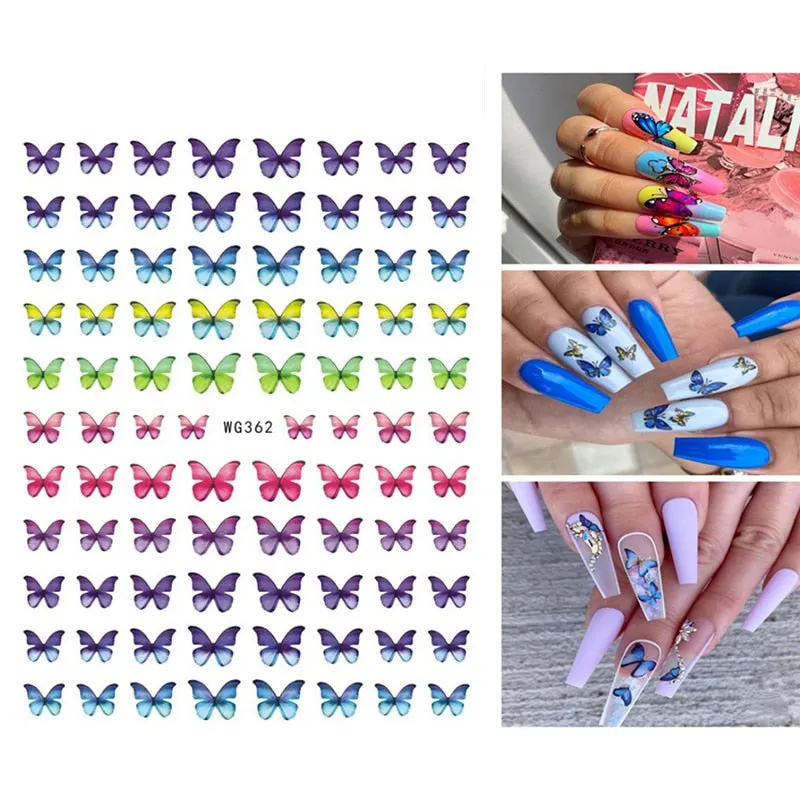 1pc Holographic Blue Nail Stickers Pink Colorful Butterfly Art Sticker With Adhesive DIY Extension Flowers Rose Nail Decoration-Nail Inspo