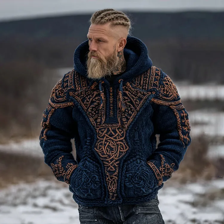 Men's Viking Celtic Knot Pattern Art Knitted Hooded