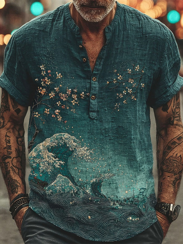Japanese Wave & Vintage Cherry Blossom Men's Linen V-neck Shirt