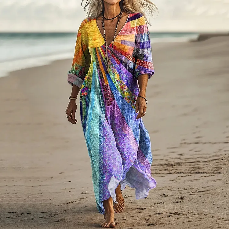 Vintage Colorful Warm Sunshine & Sea Of Flowers Art Linen Blend Maxi Dress