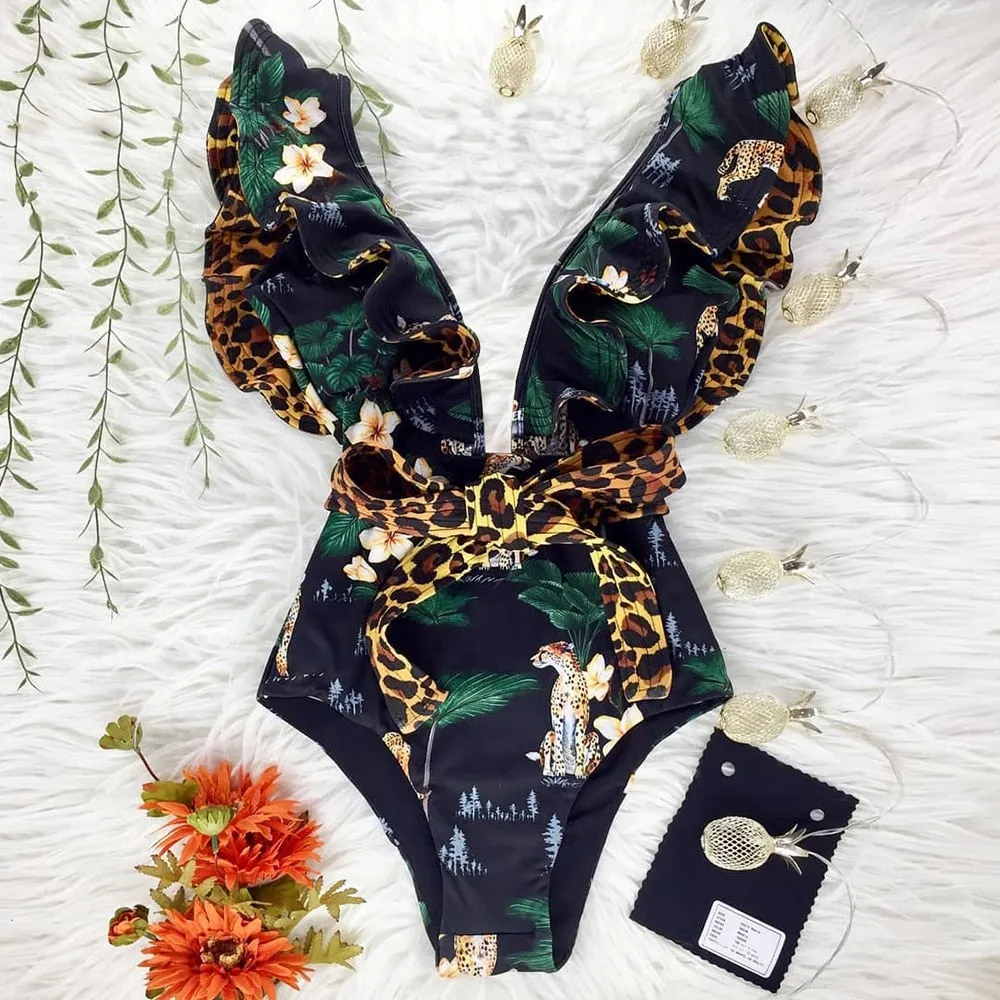 2022 New Sexy Ruffle Print Floral One Piece Swimsuit Off The Shoulder Swimwear Women Solid Deep-V Beachwear Bathing Suit Monkini