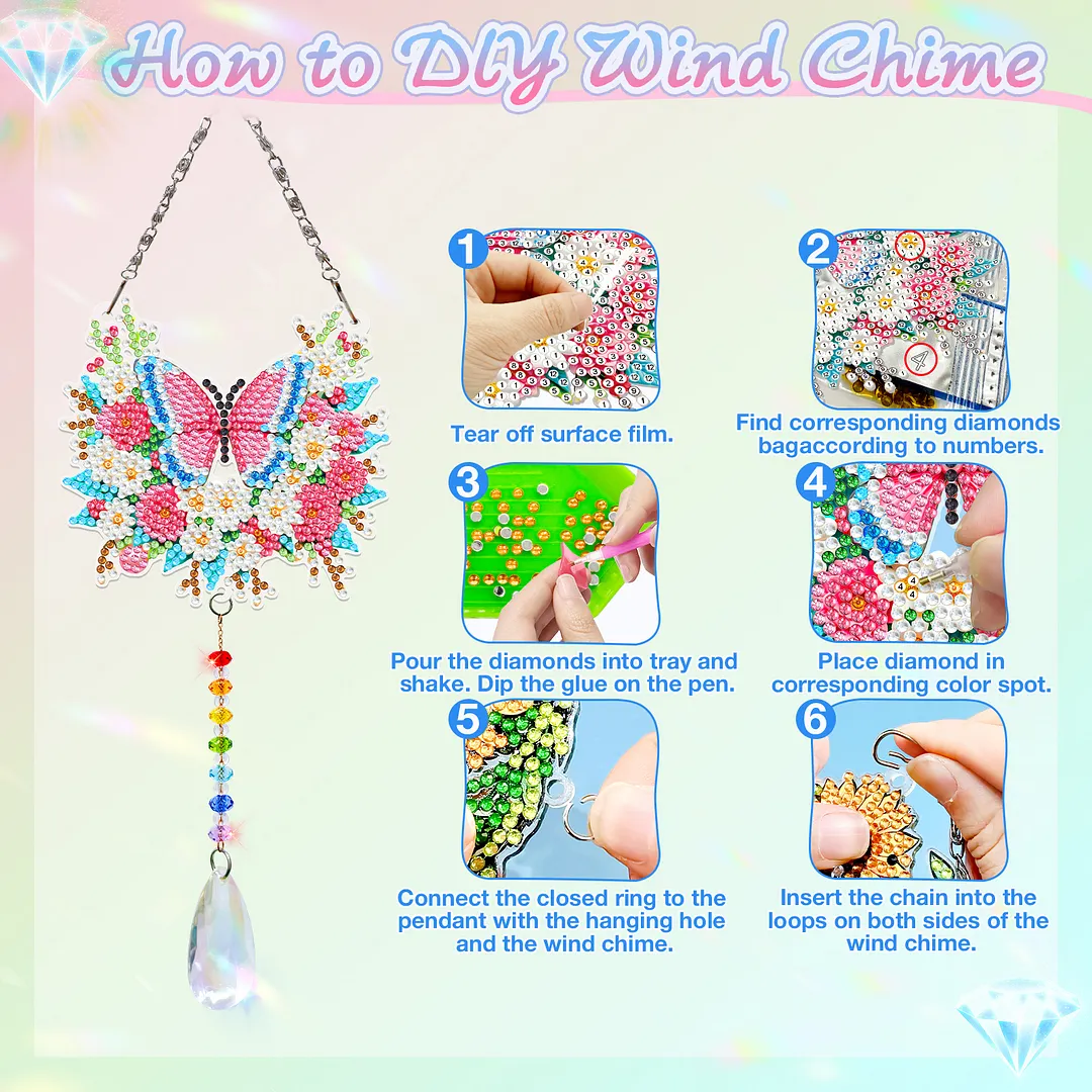 2Pcs Flowers and Butterflies DIY Acrylic Diamond Painting Art Wind Chimes with Crystal Pendant Diamond Art Hanging Pendant Double-Sided for Adults Beginners Gift Home Garden Decor