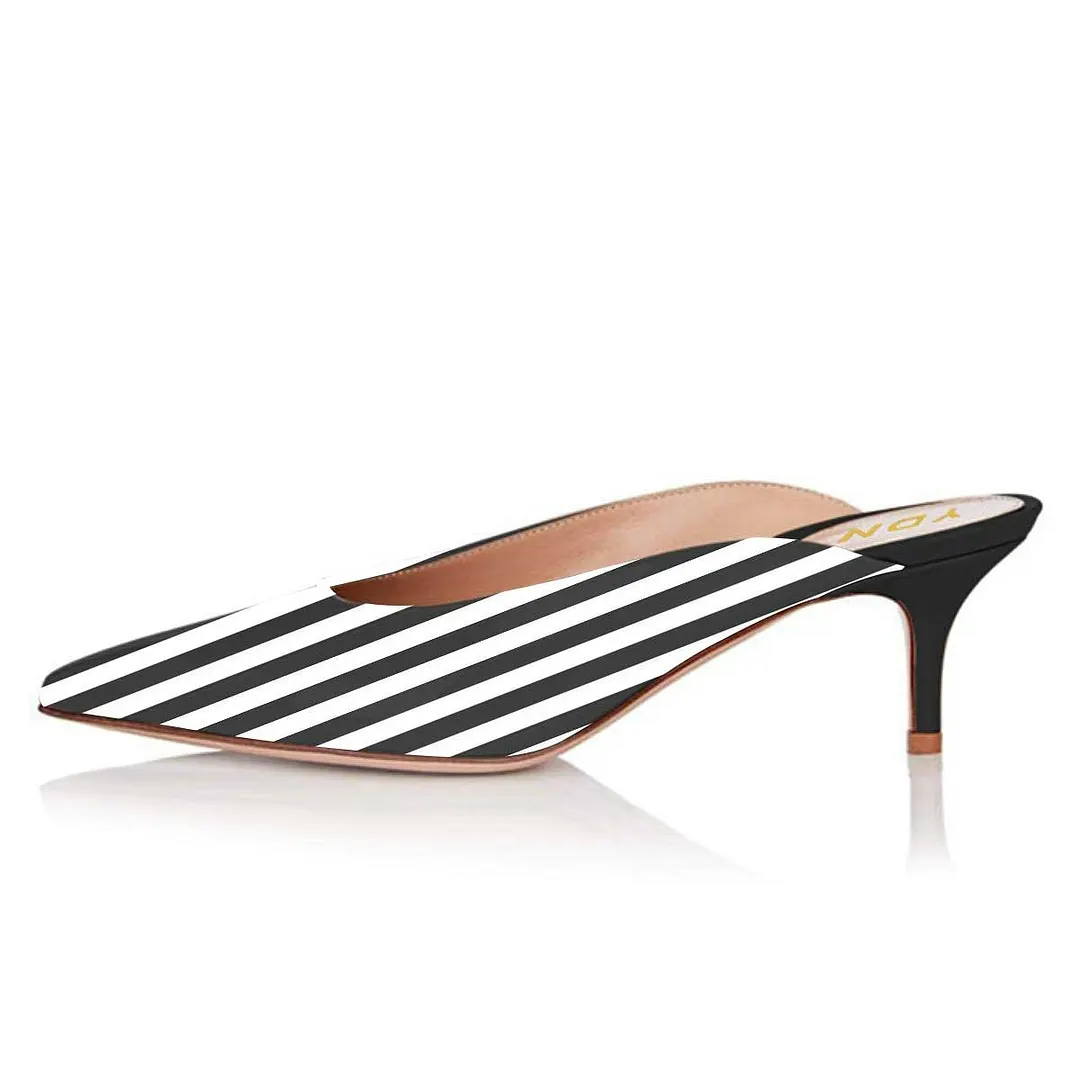Black & White Stripes Kitten Heel Women's Mules Shoes with Pointed Toe