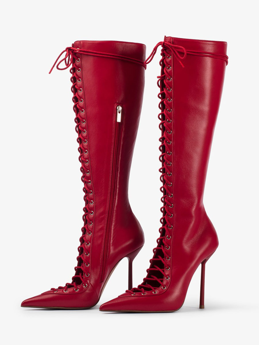 Red Pointed Toe Women's Knee-High Lace Up Boots with Stiletto Heels