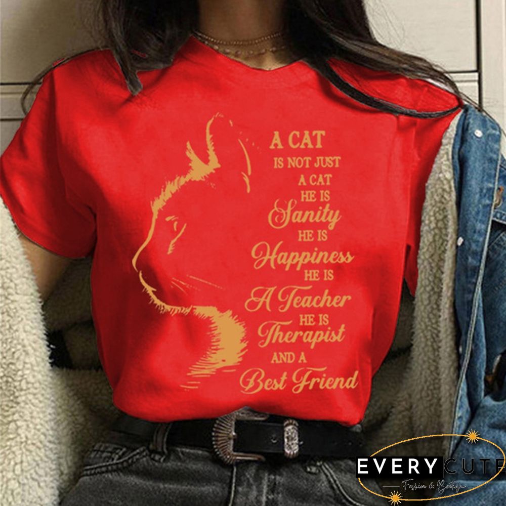 Women and Girls Cat&Letter Print Short Sleeve T-shirt Summer Short Sleeves Womens Solid Color Tees Tops Graphic Cute Cat Shirts Gifts for Cat Lovers
