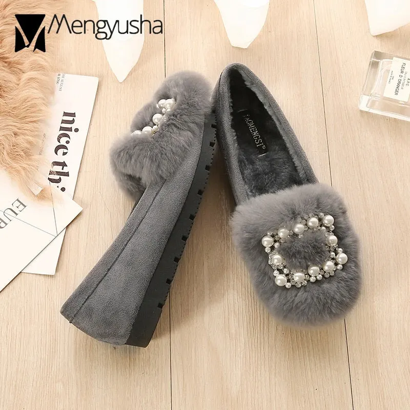 Real Rabbit Fur Shoes Woman Winter Plush Cotton Flats String Beaded Buckle Loafers Ladies Plus Size Moccasins Fleeces Snow Shoes