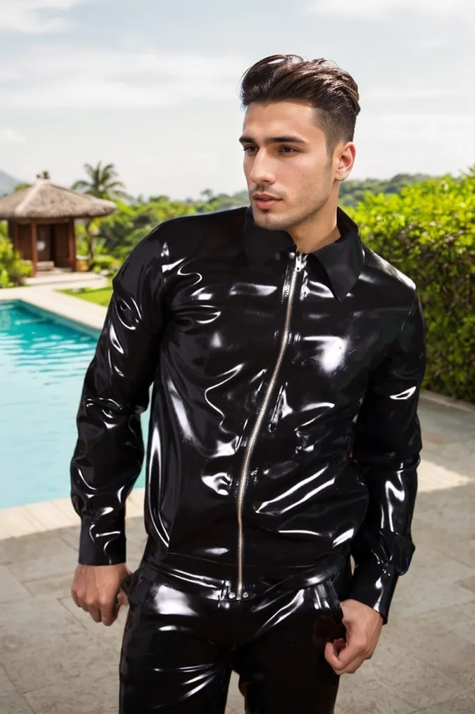 Men Latex Jacket Black Front-Zipper Windbreaker 
