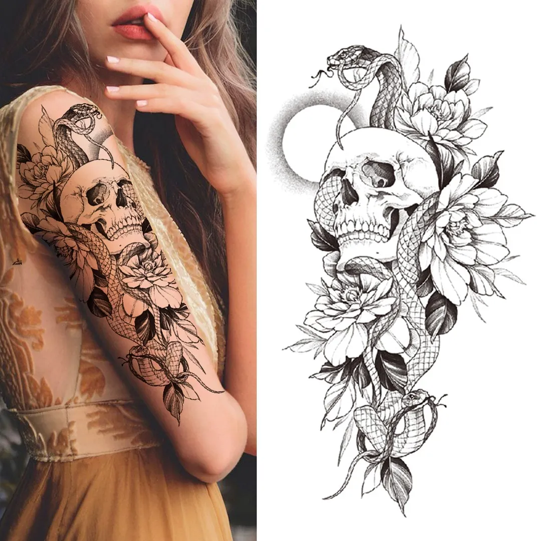 Realistic Fake Peony Temporary Tattoos For Women Girl Black Rose Elephant Flower Tattoo Sticker Tiger Anemone Tatoos Half Sleeve 1118 712-1