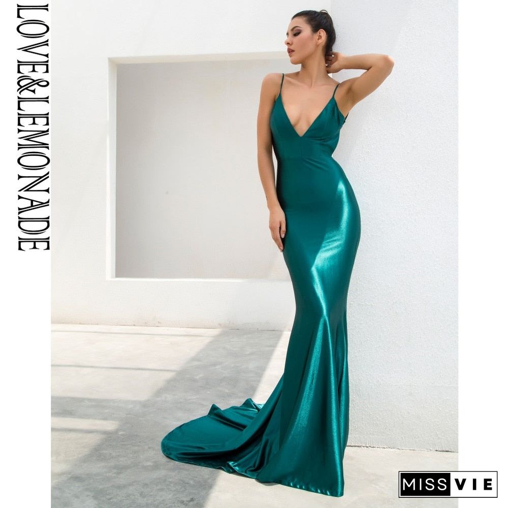 Love&Lemonade Green Deep V-Neck Open Back Slim Flash Material Maxi Dress Lm81222