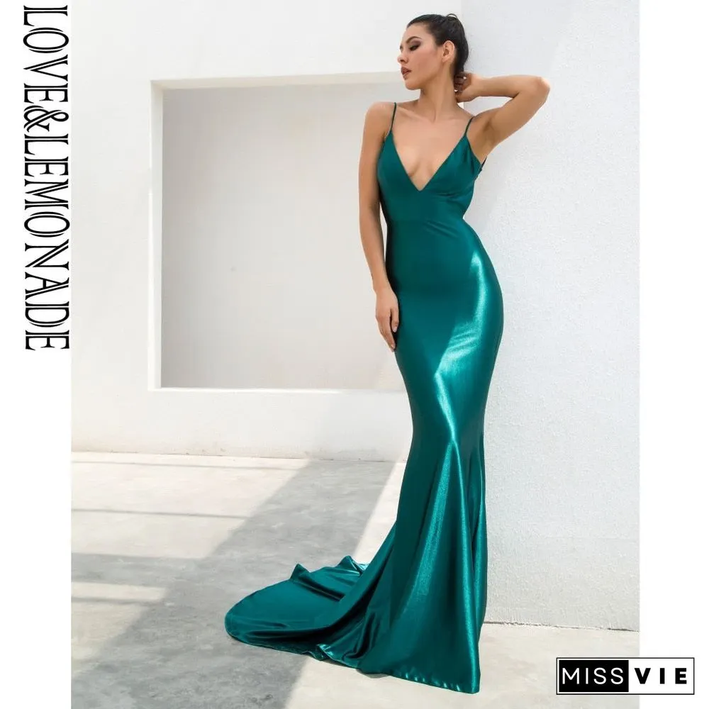 Love&Lemonade Green Deep V-Neck Open Back Slim Flash Material Maxi Dress Lm81222