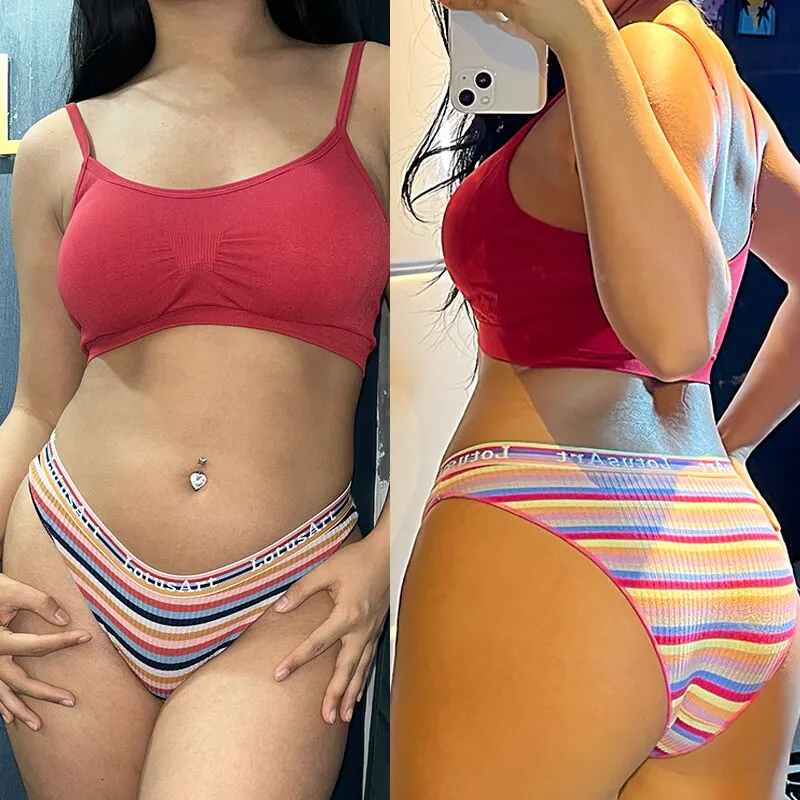 Billionm Women Cotton Colorful Stripe Panties Sexy Intimate Underwear Female Soft Solid Briefs Low Waist Underpant Soft Lingerie