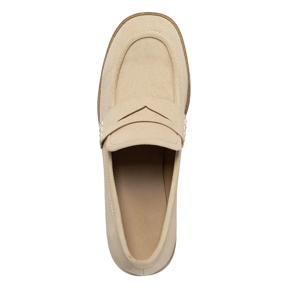 Beige Round Toe Mid Block Heel Casual Slip On Loafer Shoes Women