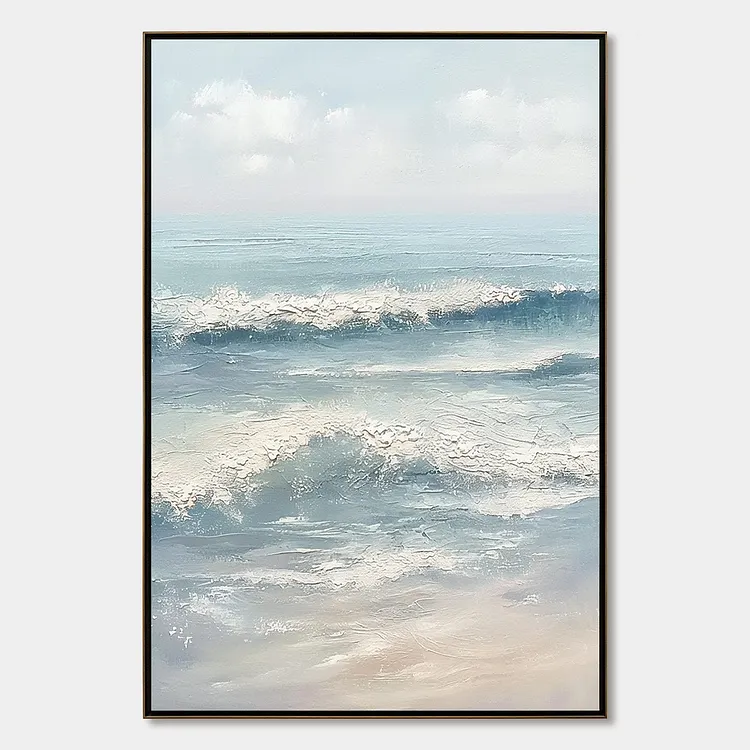 SERENE SHORE: Textured Minimalist Coastal Seascape（Canvas painting）