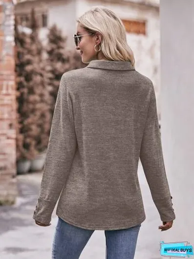 Decorative Button Johnny Collar Long Sleeve Blouse