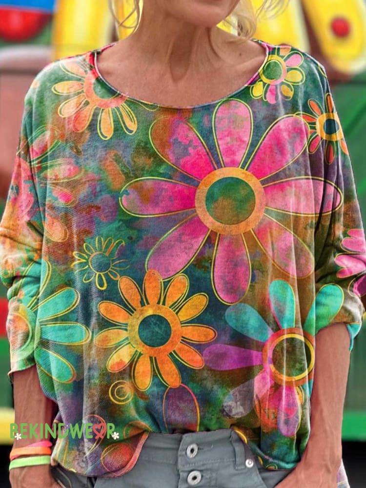 Floral Art Print Casual Long Sleeve T-shirt Multicolor / S