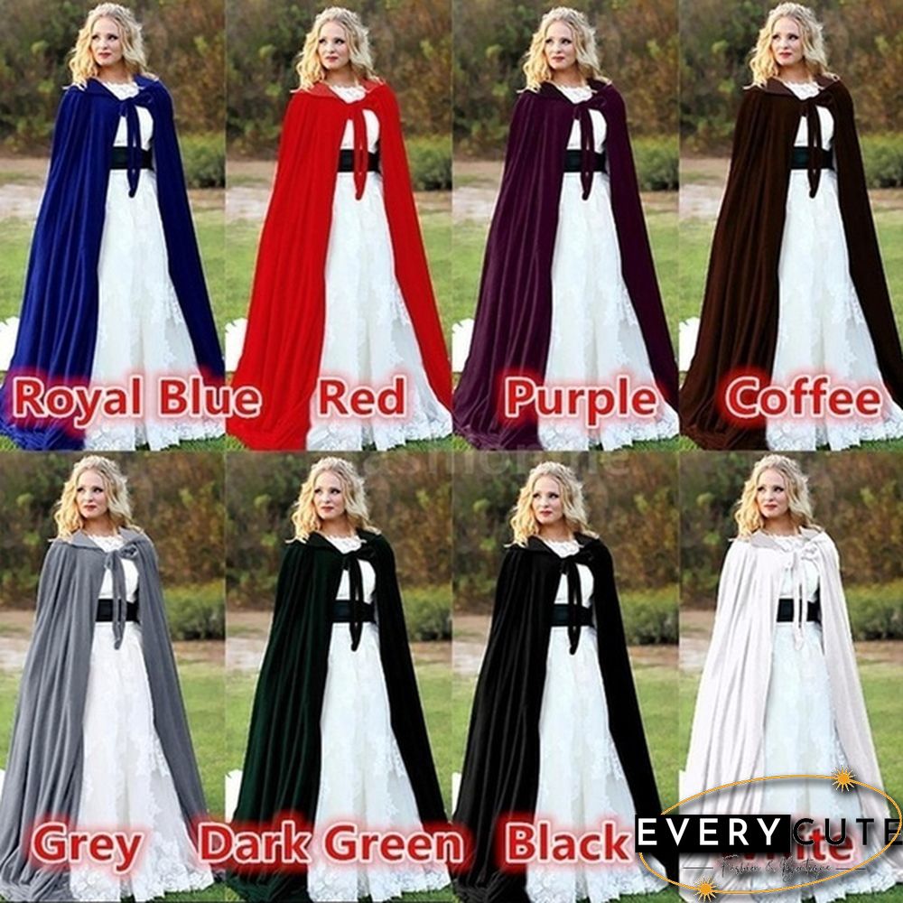 Adult Hooded Cloak Long Velvet Cape Robe Green Black Red Halloween Carnival Purim Coats Medieval Witch Wicca Vampire Costume