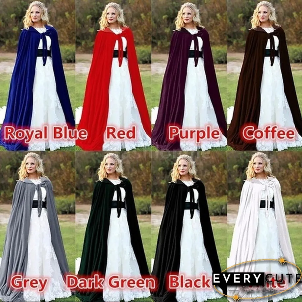 Adult Hooded Cloak Long Velvet Cape Robe Green Black Red Halloween Carnival Purim Coats Medieval Witch Wicca Vampire Costume