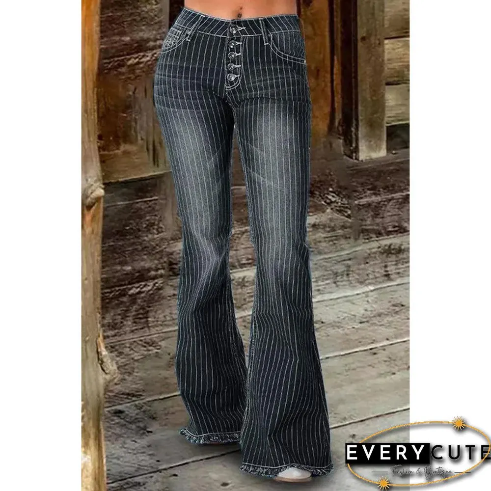 Pocketed Striped Bell Bottom Denim Pants