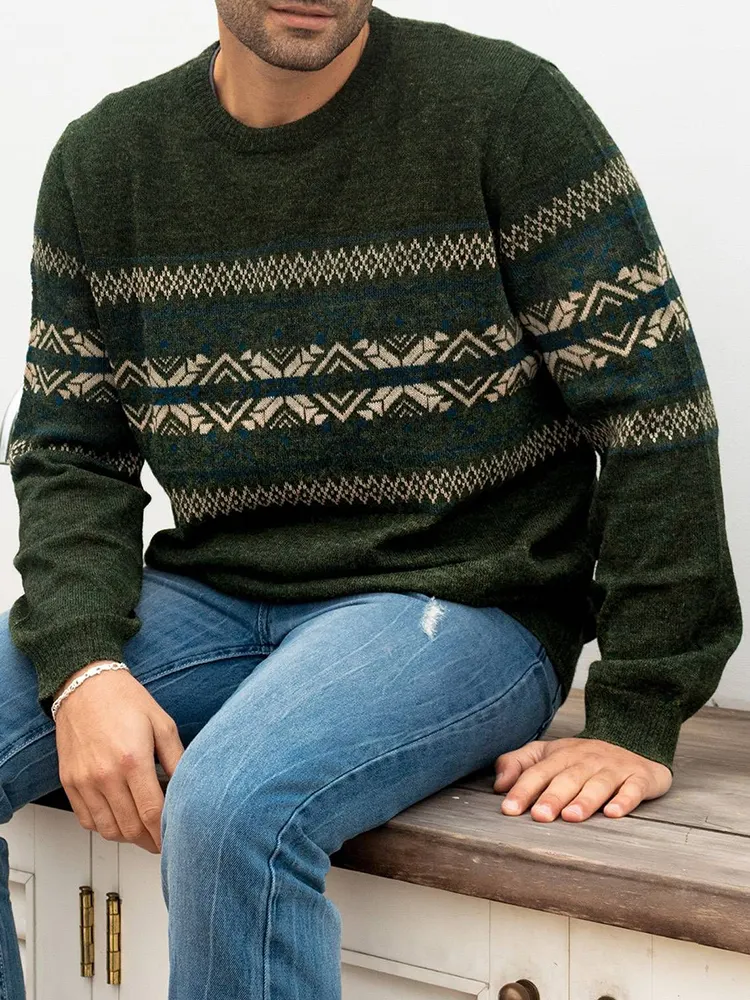 Men'S Vintage Green Knitted Jacquard Crew Neck Sweater
