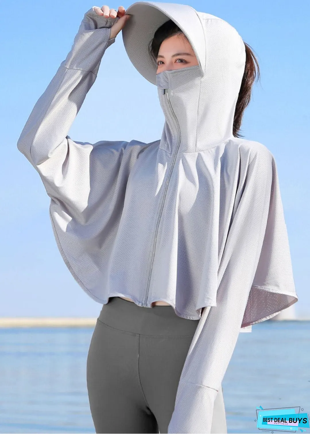 Unique Grey Hooded Zippered Patchwork Ice Silk UPF 50+ Coat Summer
