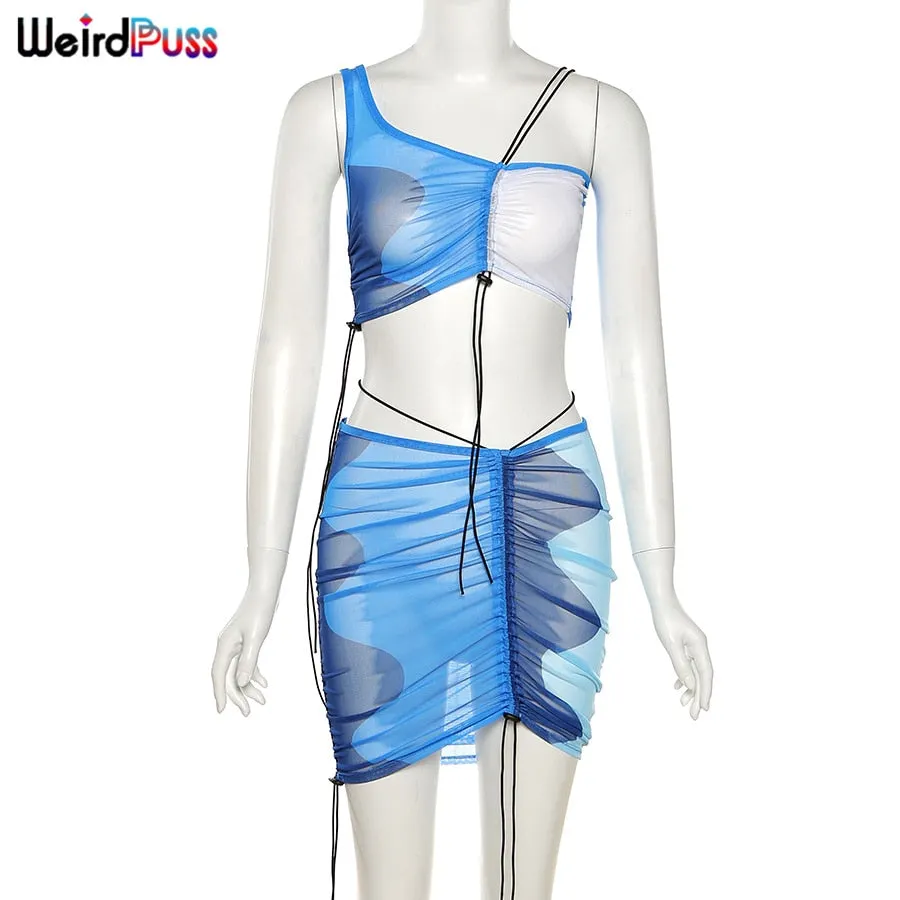 Weird Puss Sexy Mesh Two Piece Set Women Sleeveless Lace Up Tank Top+Min Skirt Matching Fashion Party Clubwear Streetwear Outfit