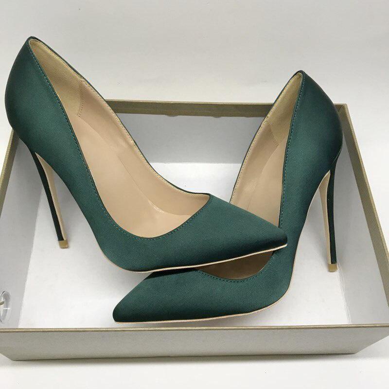 GOOSHOE Blackish Green Silk Pumps Womens 12cm High Heel Pointed Toe Shoes Plus Size 45