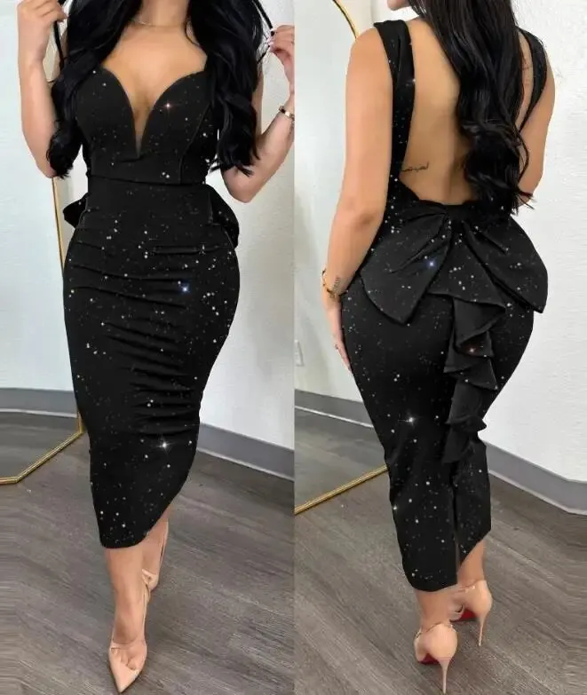 Uveng Sexy Glitter Ruffle Hem Backless Bodycon Evening Dress Women's Fashion Elegant Skinny Party Prom Dresses