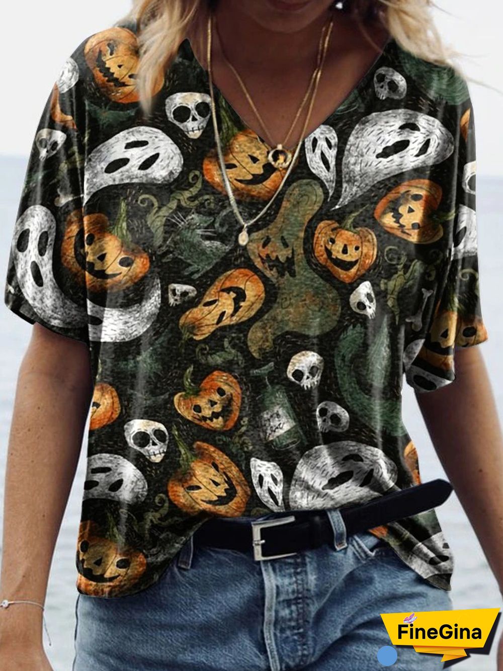 Halloween Ghost Pumpkin Party Print Short Sleeve T-shirt