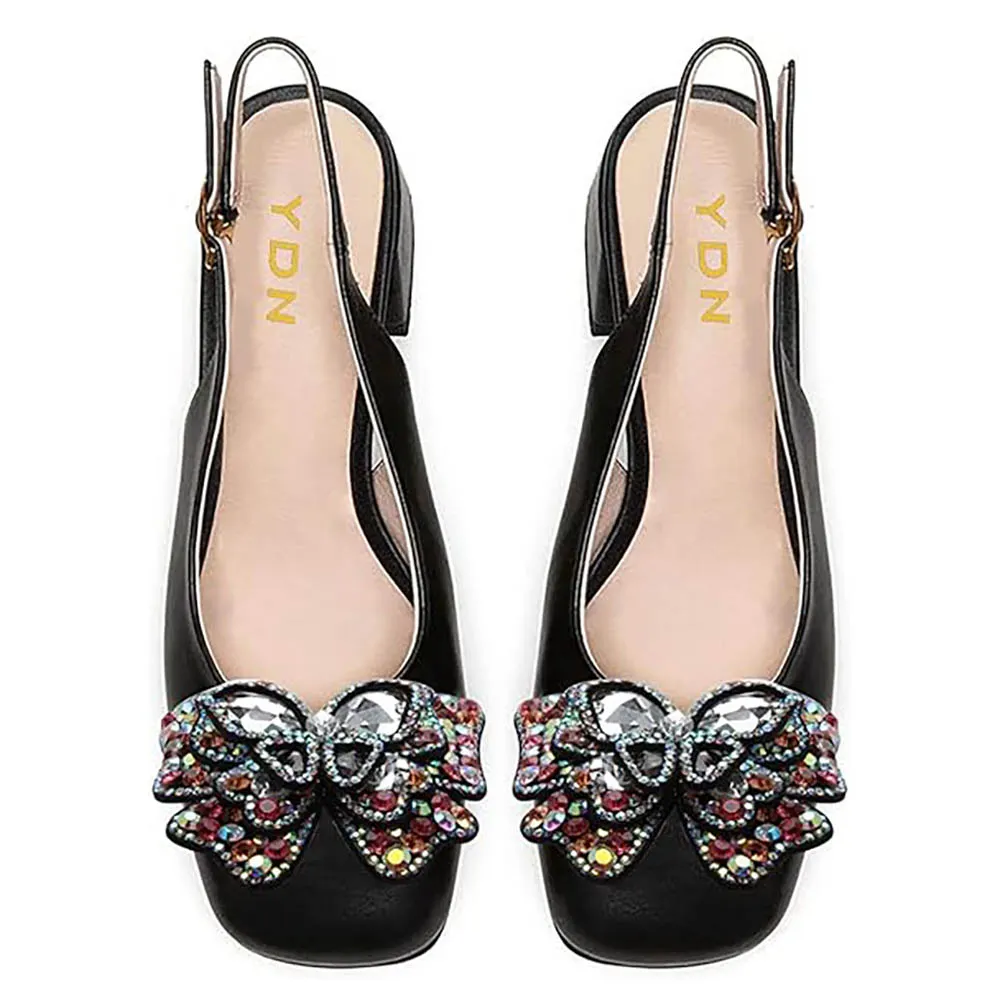 Black Vegan Leather Rhinestone Butterfly Decor Slingback Pumps