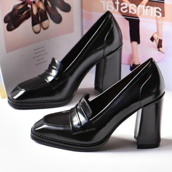 Classic Black Patent Leather Square Toe Women's Loafer Heels Nicepairs