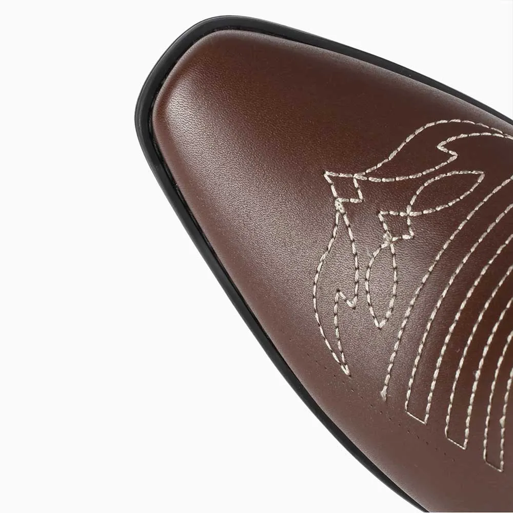 Chic Brown Faux Leather Snip Toe Stitching Pull On Cowgirl Boots
