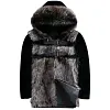 Sheepskin Mens Shearling Coat Winter Warm Real Fur Hooded Jacket Fashion Buckle Strap Splice Natural Genuine Leather Outerwear
