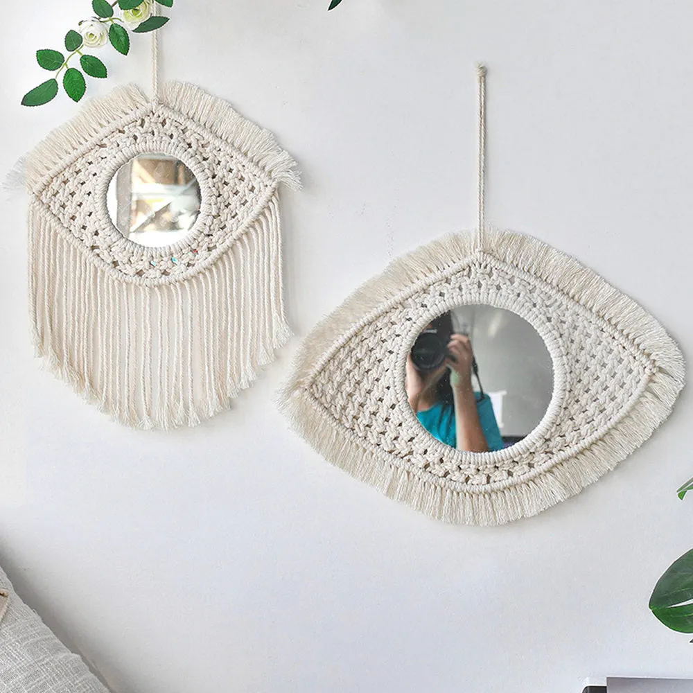 Boho Mirror Home Decor Aesthetic Macrame Wall Hanging Decorative Wall Mirrors For Apartment Livingroom Bedroom Room Decoration