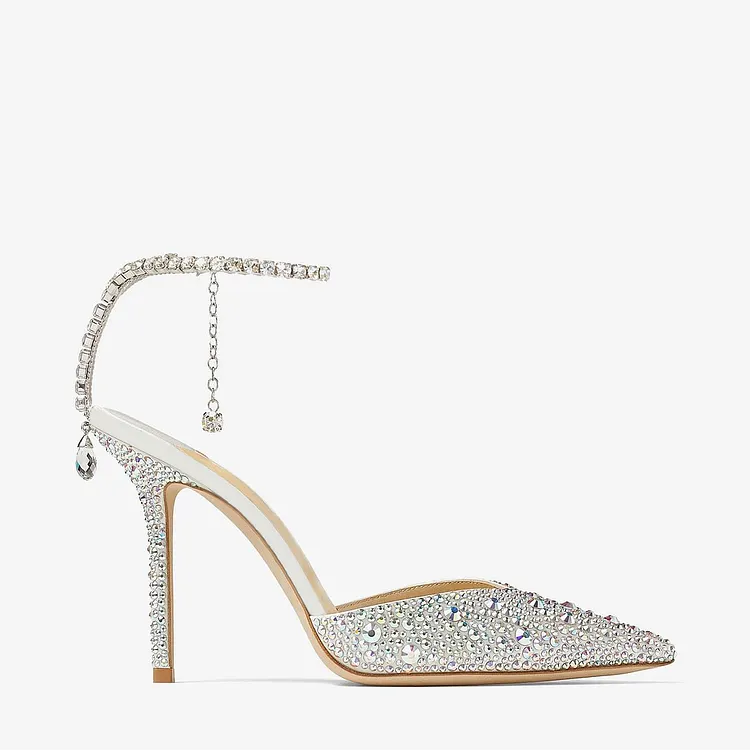 100mm Rhinestone Crystal Embellishment Ankle Chain Bracelet Pointed Toe Satin Pumps VOCOSI VOCOSI