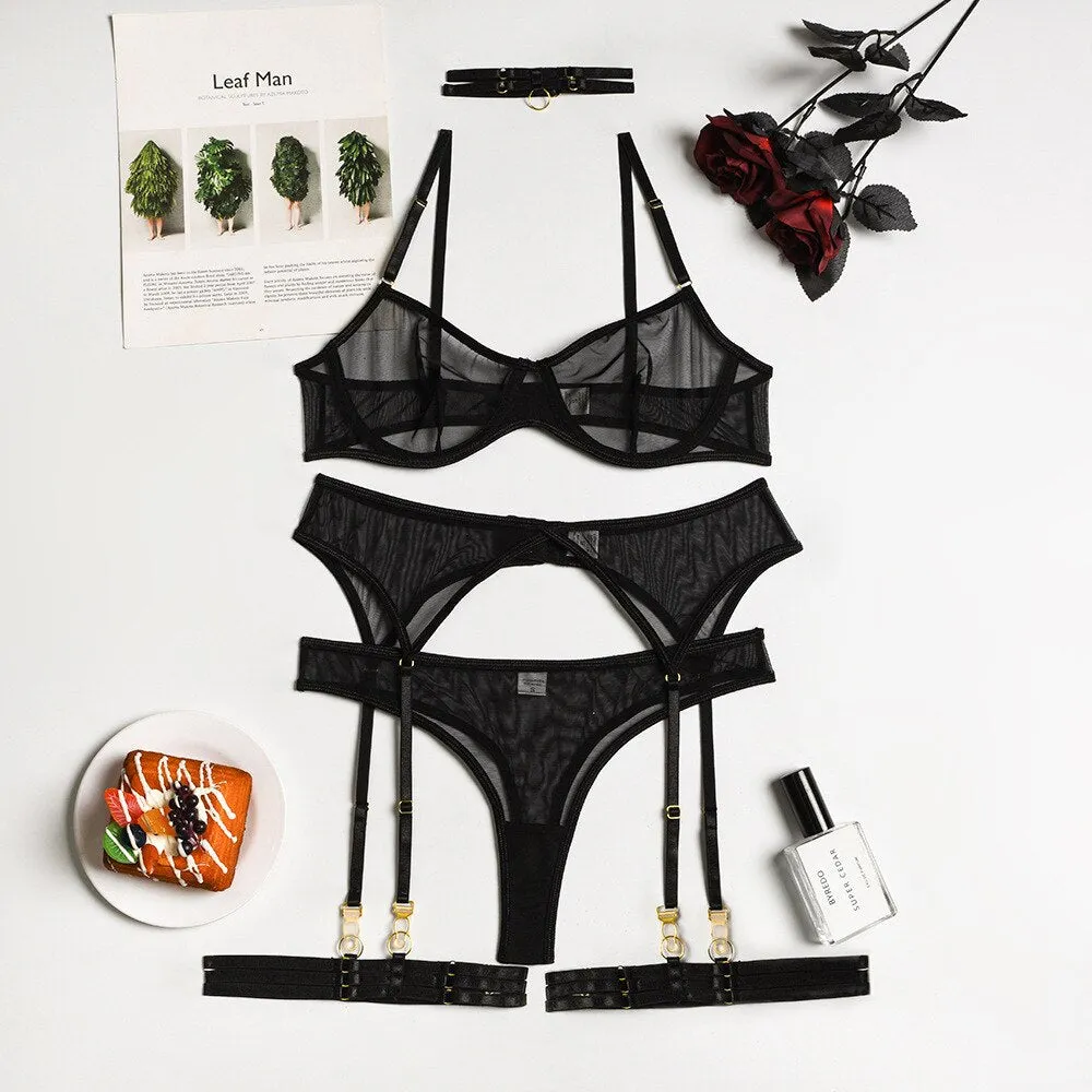 MIRABELLE Sensual Lingerie Set Woman 4 Pieces Sexy Erotic Underwear Bra Garters Brief Sets Transparent Lace Seamless Outfits