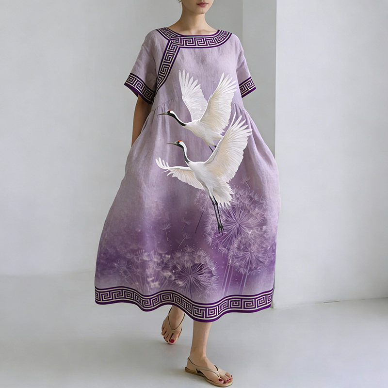 Women's Comfortable Dress With Japanese Crane, Dandelion And Meander Pattern elevenforest