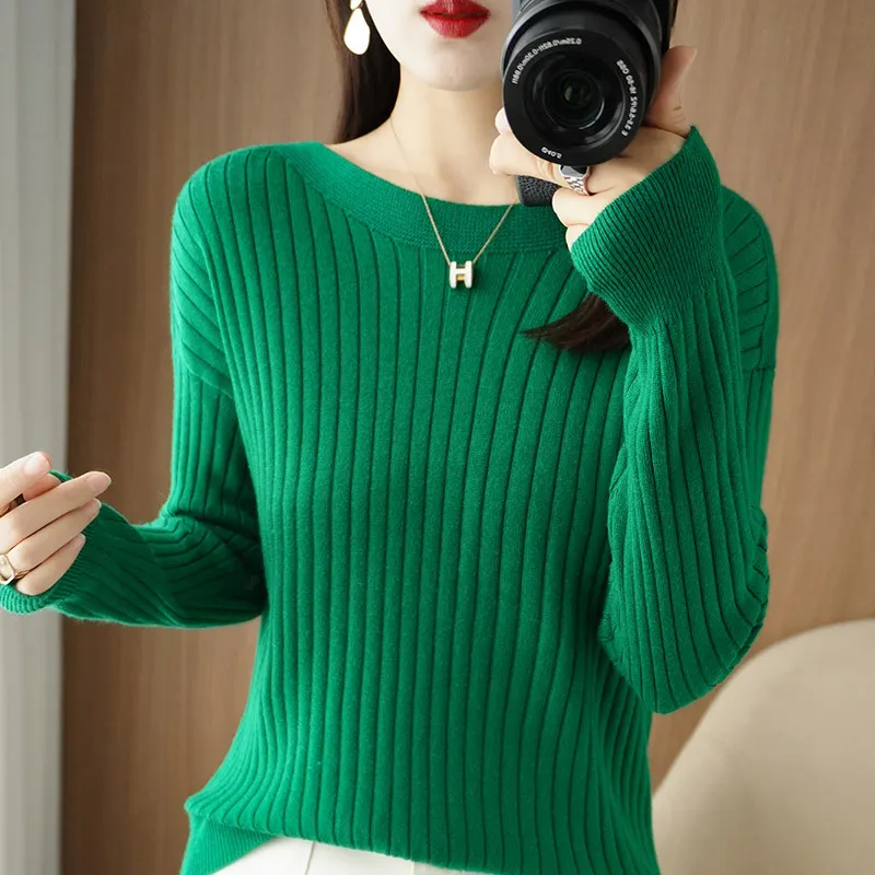 Churchf Churchf Round Collar Knit Women's Thin Early Spring And Autumn With A Sweater Long-Sleeve T-Shirt Wool Undershirt Loose.