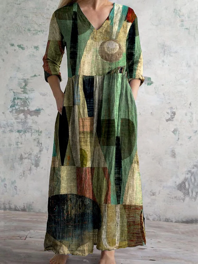 Comstylish Women's Retro Elegant Geometric Art V-neck Cotton And Linen Dress With Pockets