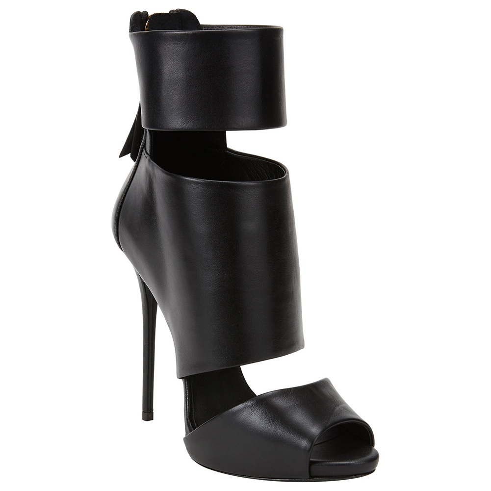 GOOSHOE Black Leather Sandals Boots Big Size 46 Peep Toe Boots Hollow Out Shoes