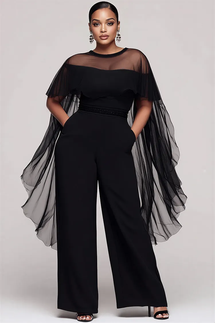 Xpluswear Design Plus Size Formal Elegant Black Round Neck Cape Sleeve Short Sleeve See Through Pocket Tulle Jumpsuits [Pre-Order] 2024 - Xpluswear