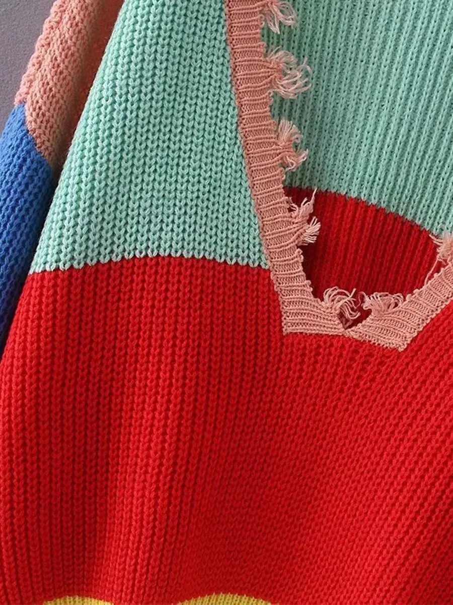 Colorful Irregular Deep V-neck Sweater Can Wear Both Front And Back
