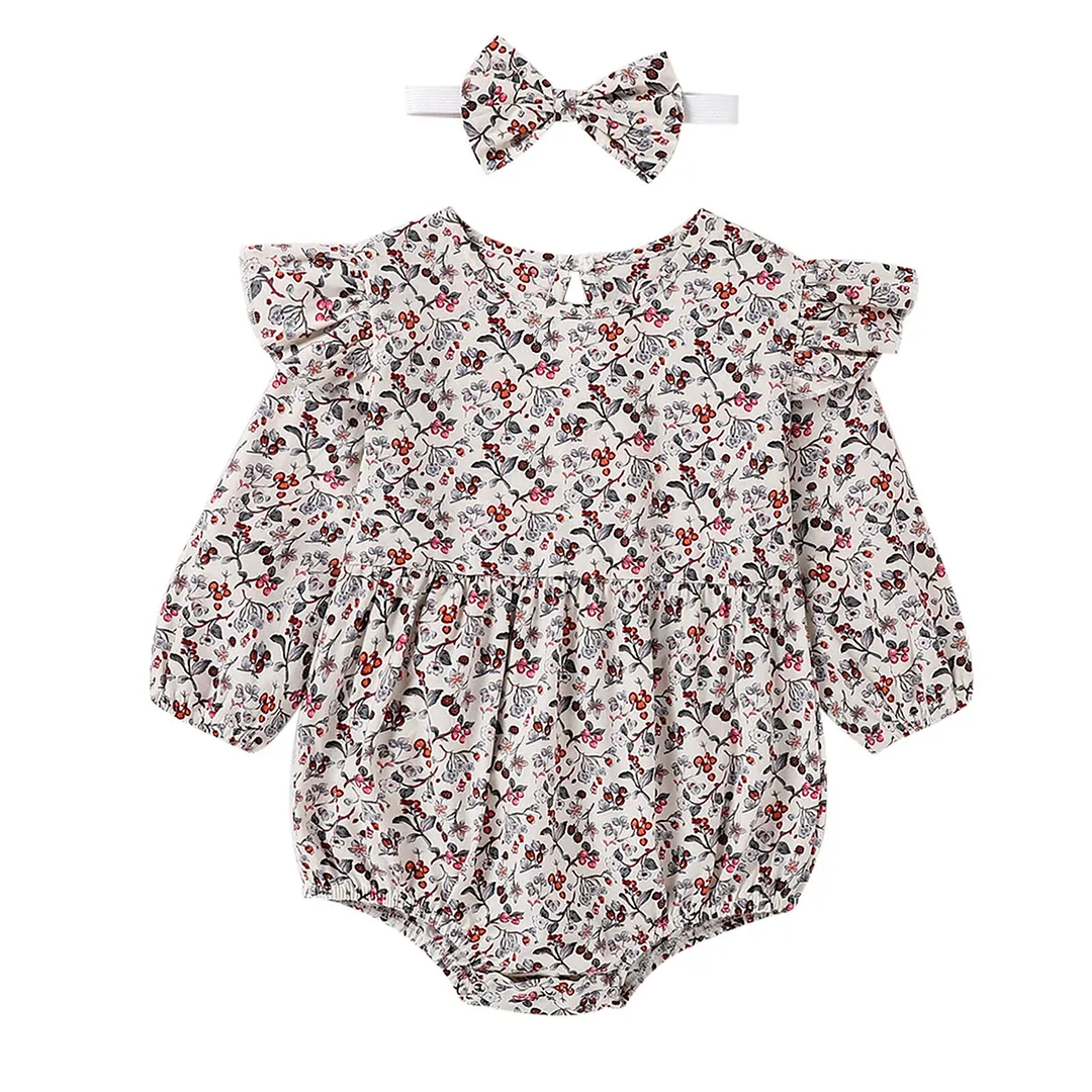 Infant Baby Girl 2Pcs Flower Printed Jumpsuit Set, Long Fly Sleeve Ruffled Hem Triangle Bodysuit with Headband Spring and Autumn