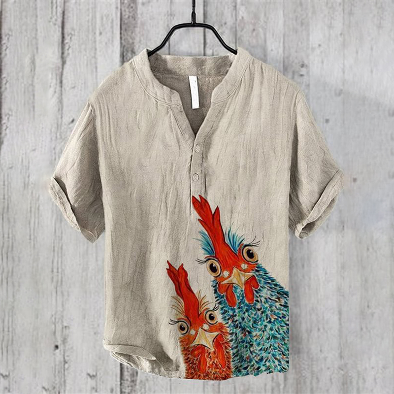 Japanese  Drawing Colored Rooster Portrait Print Linen Blend Cozy Shirt  artssus