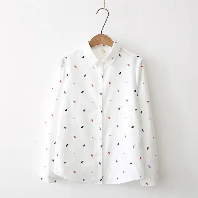 2019 New White Cotton Leaf Print Blouse Female Casual Long Sleeve Top Turn Down Collar Feminina Plus Size Blusas Girls Shirt F
