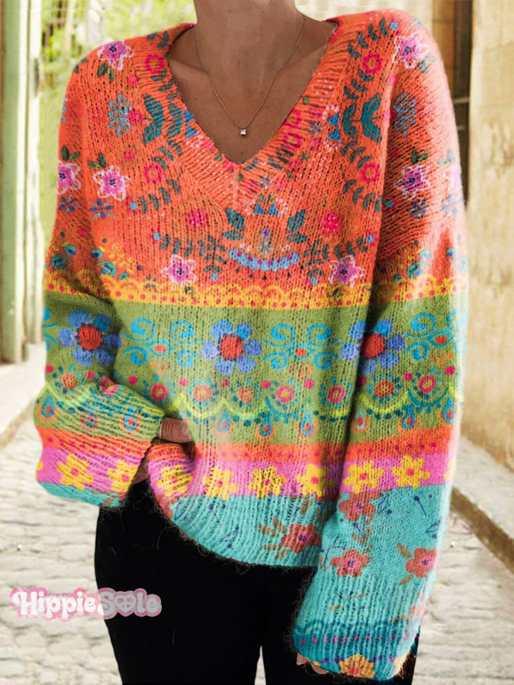 Women&rsquo;s Vintage Floral Panel Casual V-Neck Pullover Knit Sweater Multicolor / M
