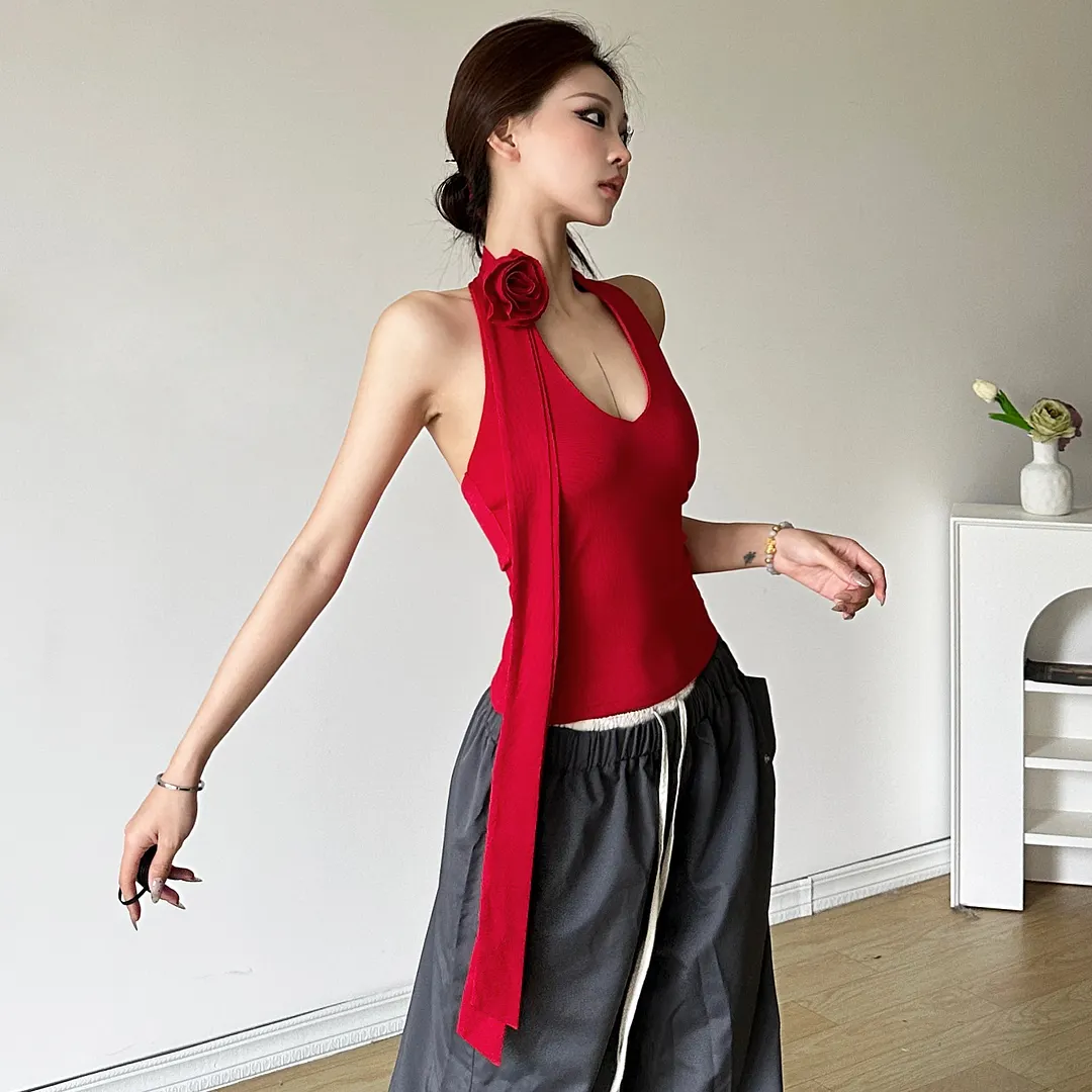 Brownm 2024 Summer New Women's Solid Color Hanging Neck Three-Dimensional Flower Vest High-Waist Loose Straight Trousers