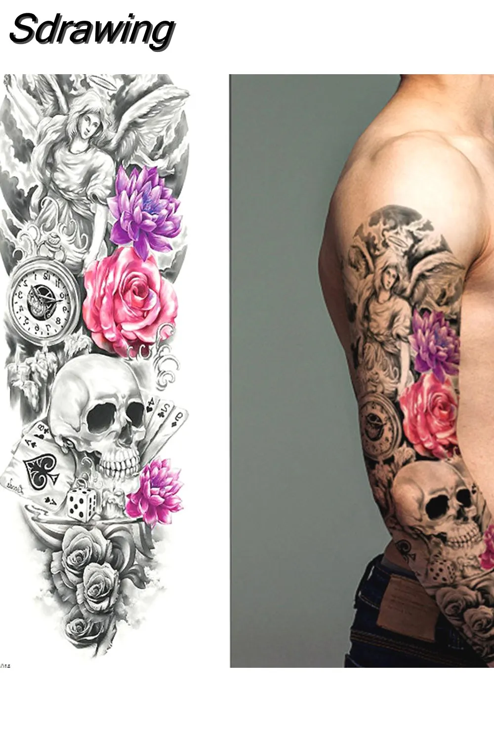 Sdrawing Full Arm Tattoo Lion Crown King Rose Waterproof Temporary Tatoo Sticker Wild Wolf Tiger Men Skull Totem Tattoo 430-1
